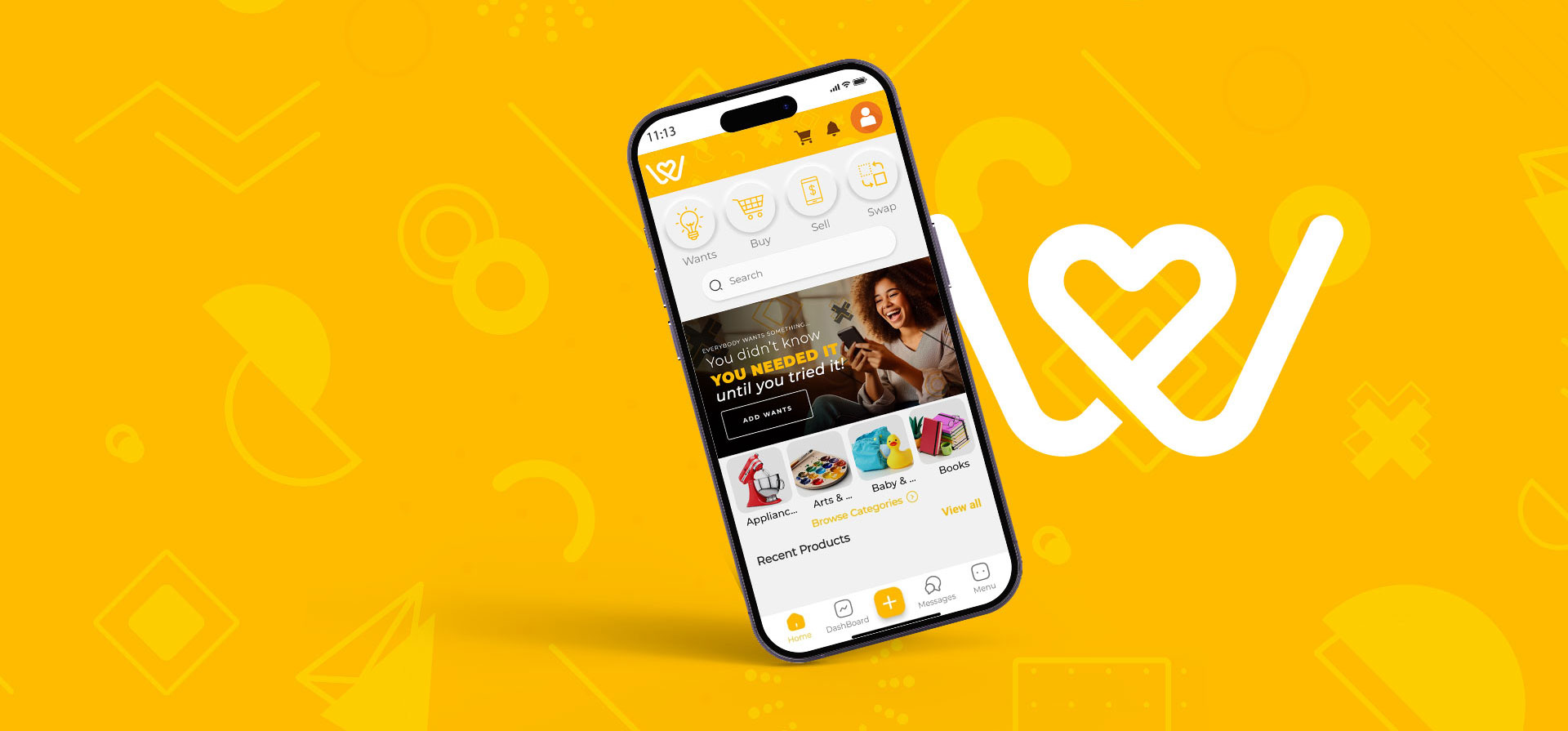 All I Want App Preview displayed on a smartphone over a fun yellow background with W logo