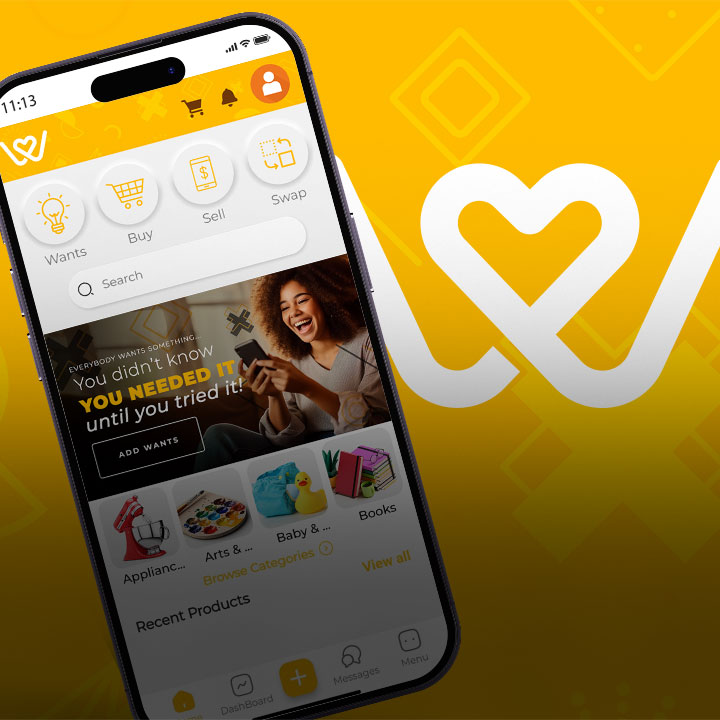 All I Want App Preview displayed on a smartphone over a fun yellow background with W logo